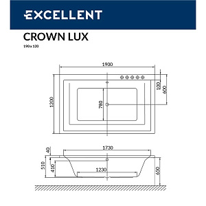 Гидромассажная ванна Excellent Crown Lux NANO 190x90 форсунки золото купить в интернет-магазине Sanbest