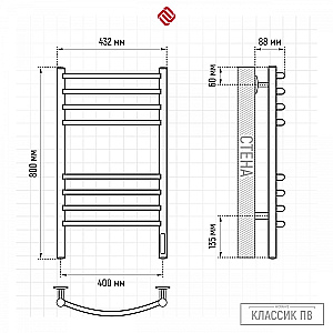 Полотенцесушитель электрический TERMINUS Классик П8 400х800 4670078578723 белый матовый купить в интернет-магазине сантехники Sanbest