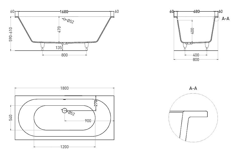Ванна Salini Ornella AXIS S-Sense 180x80 103411GF RAL купить в интернет-магазине Sanbest