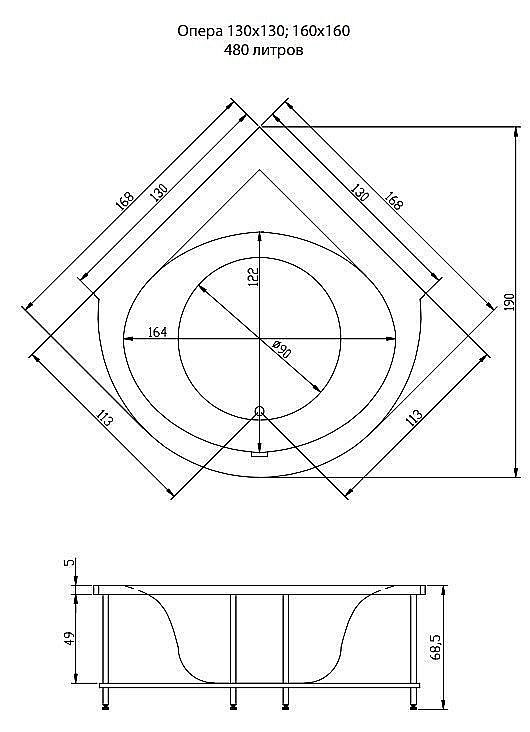 Гидромассажная ванна Aquatika Опера Basic 130х130 купить в интернет-магазине Sanbest