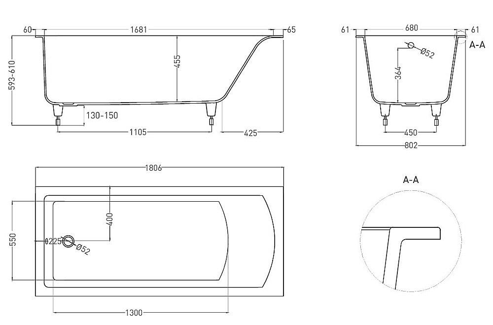 Ванна Salini Cascata S-Sense 180x80 104213GRH белая/внутри RAL купить в интернет-магазине Sanbest