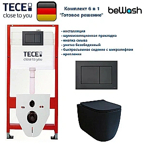 Унитаз подвесной beWash SCHUTZ с инсталляцией TECE 9400414+BKWHR102510 безободковый, с сиденьем микролифт, чёрный матовый/кнопка черная матовая купить в интернет-магазине Sanbest