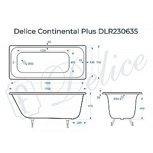 Ванна чугунная Delice Continental PLUS Elite DLR230635 170х75 белая купить в интернет-магазине Sanbest