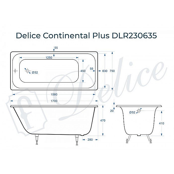 Ванна чугунная Delice Continental PLUS Elite DLR230635 170х75 белая купить в интернет-магазине Sanbest