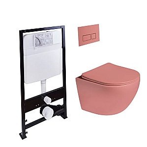 Унитаз подвесной с инсталляцией SantiLine SL-5005T-P+SL-01/Р персиковый матовый/кнопка персиковая матовая, безободковый, с крышкой микролифт, слив торнадо купить в интернет-магазине Sanbest