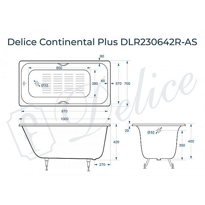Ванна Delice Continental PLUS Elite DLR230642R-AS 100х70 белая купить в интернет-магазине Sanbest