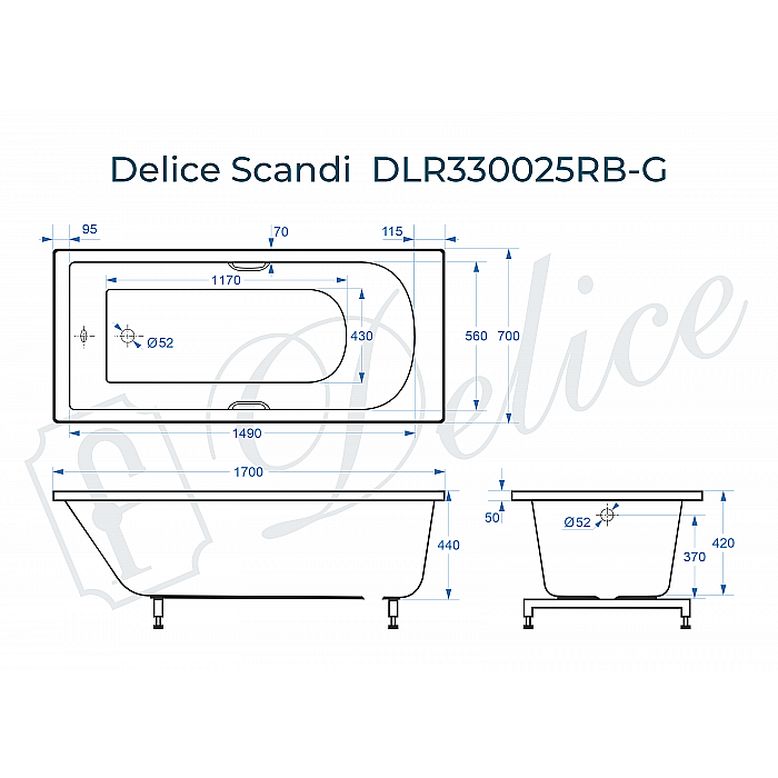 Ванна Delice Scandi DLR330025RB-G 170х70 белая/ручки черные купить в интернет-магазине Sanbest