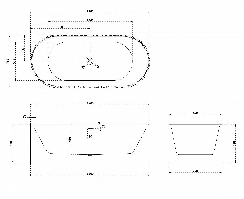 Ванна Abber Stein 170x75 AS9653 белая матовая купить в интернет-магазине Sanbest