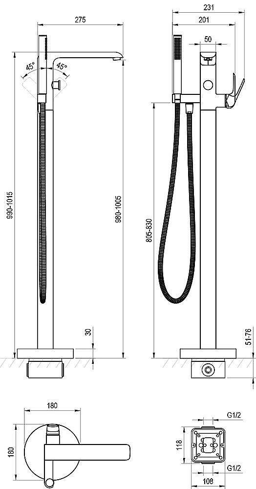 Смеситель для ванны Ravak Flat X070441 черный купить в интернет-магазине сантехники Sanbest