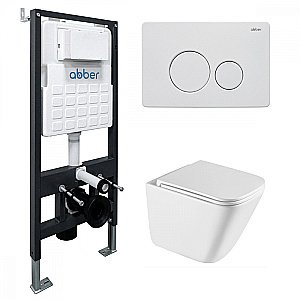 Унитаз подвесной ABBER Rechteck AC1219TC-AC0105-AC0121MW белый/кнопка белая матовая, с крышкой микролифт, с инсталляцией, безободковый, слив-торнадо купить в интернет-магазине Sanbest