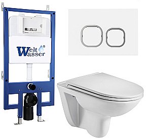Унитаз подвесной WeltWasser BAMBERG 545+BAARBACH 004 GL-WT+BAMBERG WT белый глянцевый, безободковый, с крышкой микролифт, с инсталляцией и белой кнопкой купить в интернет-магазине Sanbest