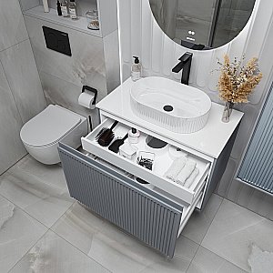 Тумба с раковиной подвесная Grossman КРИСТАЛЛ 80 с 1 ящ, графит матовая/столешница белая глянец для ванной в интернет-магазине Sanbest