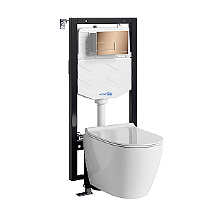 Унитаз подвесной WasserKRAFT Mindel 56TLT.010.ME.RG04.H002 безободковый, с инсталляцией Vils 56, с крышкой микролифт, белый/кнопка розовое золото купить в интернет-магазине Sanbest