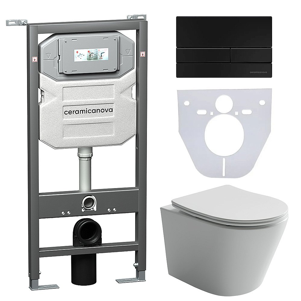 Унитаз подвесной Ceramica Nova Balearica CN6000_1002B_1000 безободковый, с крышкой микролифт, с инсталляцией и черной матовой кнопкой купить в интернет-магазине Sanbest