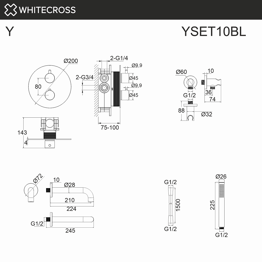 Смеситель для ванны WhiteCross Y YSET10BL черный купить в интернет-магазине сантехники Sanbest