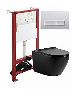 Унитаз подвесной с инсталляцией Agger ATI03144+APB200 черный матовый, с крышкой микролифт, безободковый, с кнопкой хром купить в интернет-магазине Sanbest