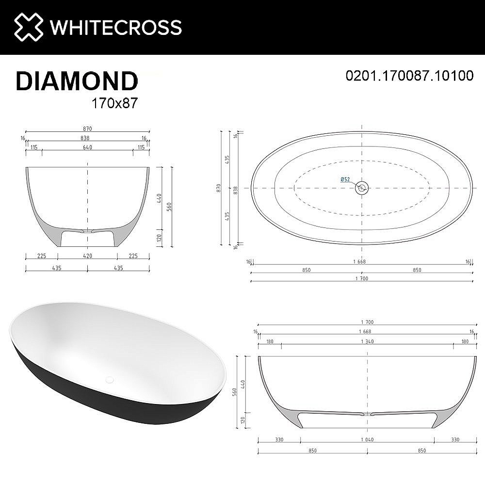 Ванна из искусственного камня WhiteCross Diamond 170x87 черный/белый глянец купить в интернет-магазине Sanbest