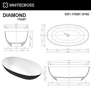 Ванна из искусственного камня WhiteCross Diamond 170x87 черный/белый глянец купить в интернет-магазине Sanbest