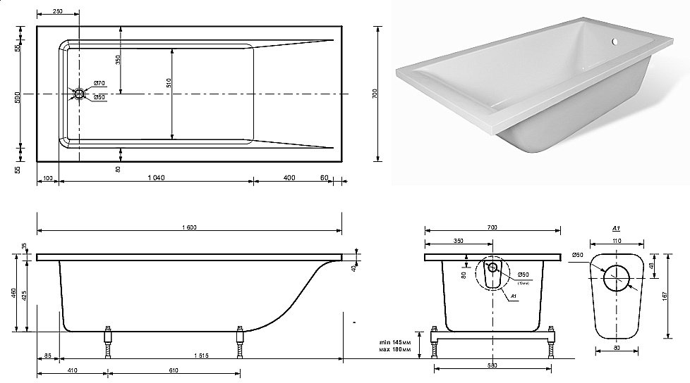 Ванна Эстет Дельта А 160x70 цвет по RAL купить в интернет-магазине Sanbest