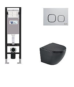 Унитаз подвесной WeltWasser AMBERG 350 + HEIMBACH 043 MT-BL + AMBERG RD-WT черный матовый, безободковый, с крышкой микролифт, слив-торнадо, с инсталляцией и белой кнопкой купить в интернет-магазине Sanbest