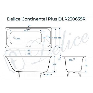 Ванна чугунная Delice Continental PLUS Elite DLR230635R 170х75 белая купить в интернет-магазине Sanbest
