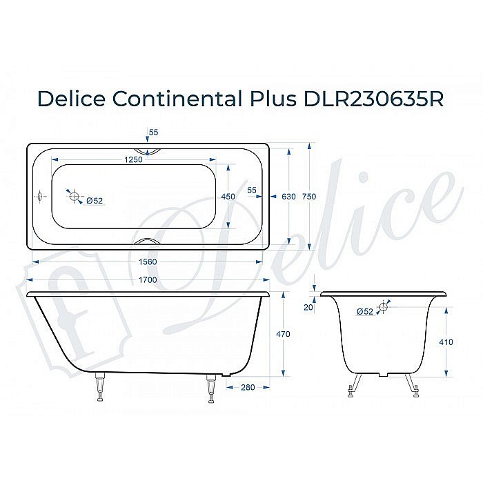 Ванна чугунная Delice Continental PLUS Elite DLR230635R 170х75 белая купить в интернет-магазине Sanbest