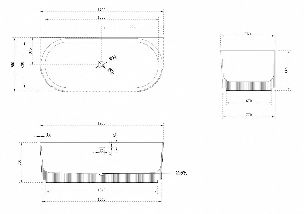 Ванна из искусственного камня ABBER Stein AS9630 170х75 белая матовая купить в интернет-магазине Sanbest