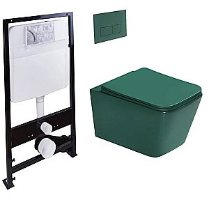 Унитаз подвесной с инсталляцией SantiLine SL-5007T-G+SL-01/G зеленый матовый/кнопка зеленая матовая, безободковый, с крышкой микролифт, слив торнадо купить в интернет-магазине Sanbest