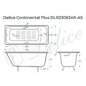 Ванна чугунная Delice Continental PLUS Elite DLR230634R-AS 170х70 белая купить в интернет-магазине Sanbest