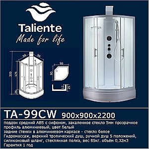 Душевая кабина с гидромассажем Taliente TA-99CW 90х90 стекло прозрачное купить в интернет-магазине Sanbest