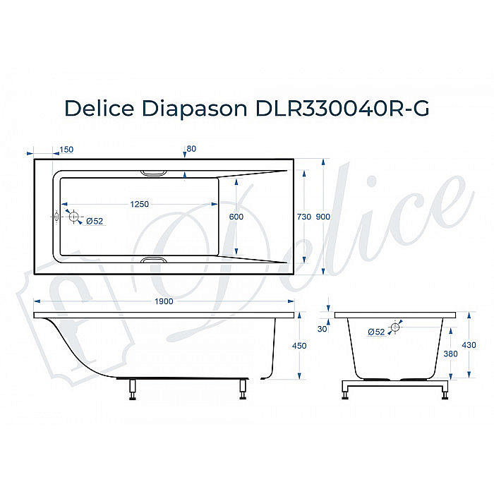 Ванна Delice Diapason DLR330040R-G 190х90 белая/ручки хром купить в интернет-магазине Sanbest