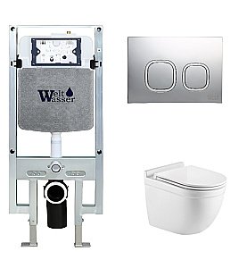 Унитаз подвесной WeltWasser AMBERG 497 ST + HEIMBACH 043 GL-WT + AMBERG RD-CR белый глянцевый, безободковый, с крышкой микролифт, слив-торнадо, с инсталляцией и кнопкой хром глянцевый купить в интернет-магазине Sanbest
