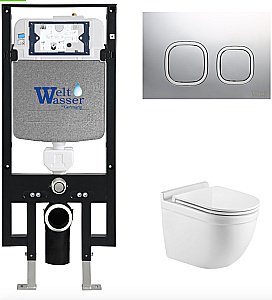 Унитаз подвесной WeltWasser AMBERG 497 + HEIMBACH 043 GL-WT + AMBERG RD-CR белый глянцевый, безободковый, с крышкой микролифт, слив-торнадо, с инсталляцией и кнопкой хром глянцевый купить в интернет-магазине Sanbest