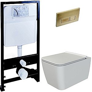 Унитаз Boheme Zen 967-WM с инсталяцией и кнопкой 664-MG белый матовый/матовое золото, безободковый купить в интернет-магазине Sanbest