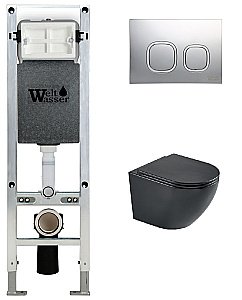 Унитаз подвесной WeltWasser AMBERG 350 ST + HEIMBACH 043 MT-BL + AMBERG RD-CR черный матовый, безободковый, с крышкой микролифт, слив-торнадо, с инсталляцией и кнопкой хром глянцевый купить в интернет-магазине Sanbest