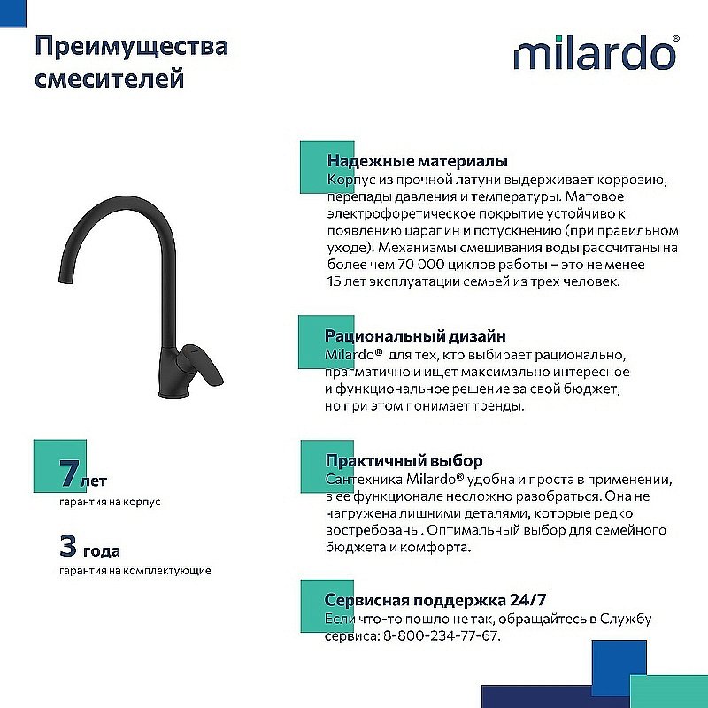 Смеситель для кухни Milardo Rora RORBL0JM05 черный матовый купить в интернет-магазине сантехники Sanbest