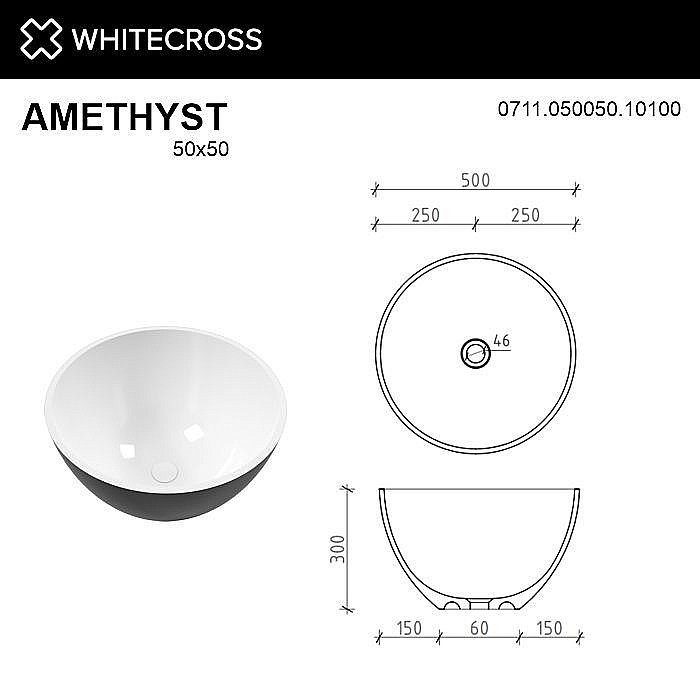 Раковина накладная WhiteCross Amethyst 50 0711.050050.10100 черная, белая купить в интернет-магазине Sanbest