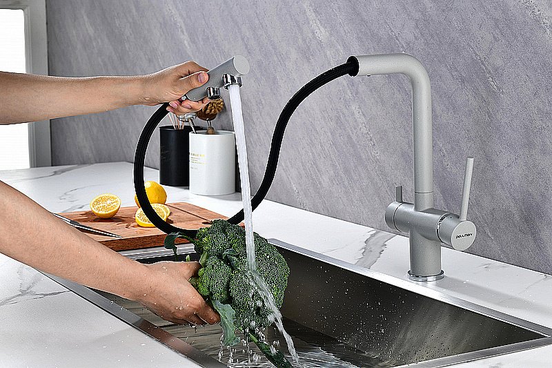 Смеситель для кухни Paulmark Serpentine Se213222-GRS серый дым купить в интернет-магазине сантехники Sanbest