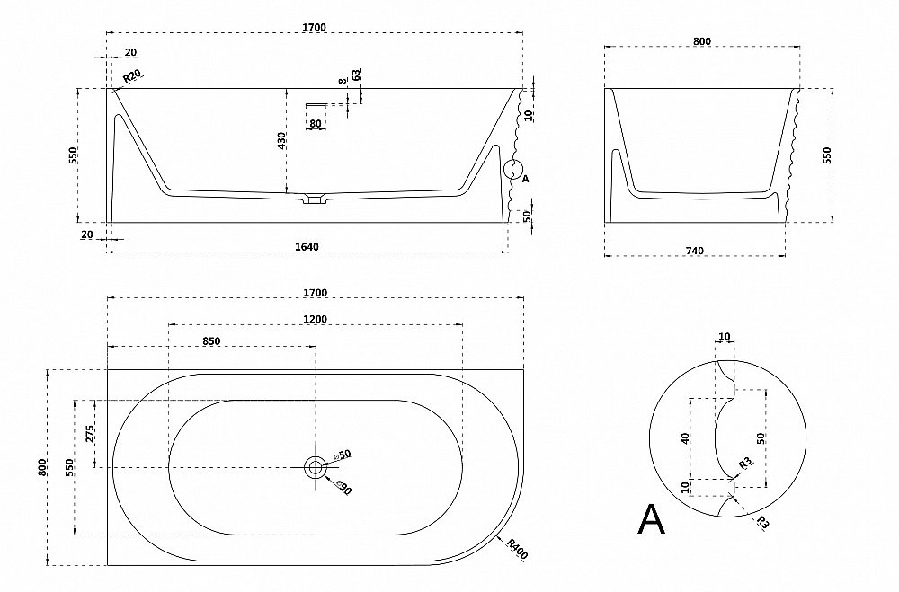 Ванна Abber Stein 170x80 AS9651 белая матовая купить в интернет-магазине Sanbest