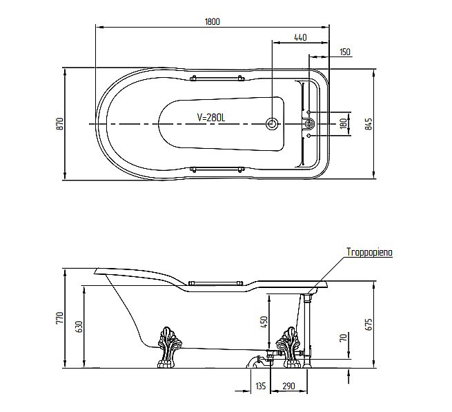 Ванна Migliore Impero на лапах LEONE LUX 25268 180х87 белая,хром купить в интернет-магазине Sanbest
