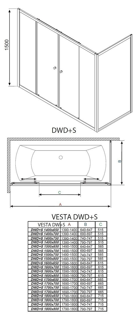 Шторка для ванны Radaway Vesta DWD+S 180x70 купить в интернет-магазине Sanbest