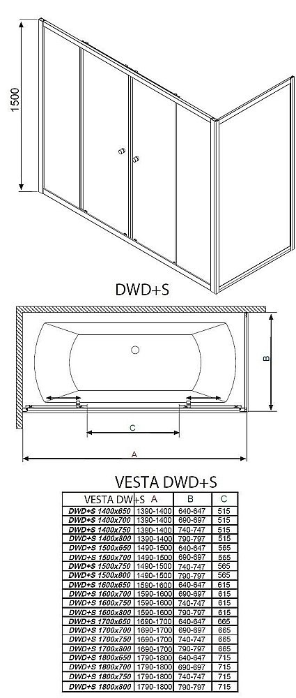 Шторка для ванны Radaway Vesta DWD+S 180x75 купить в интернет-магазине Sanbest