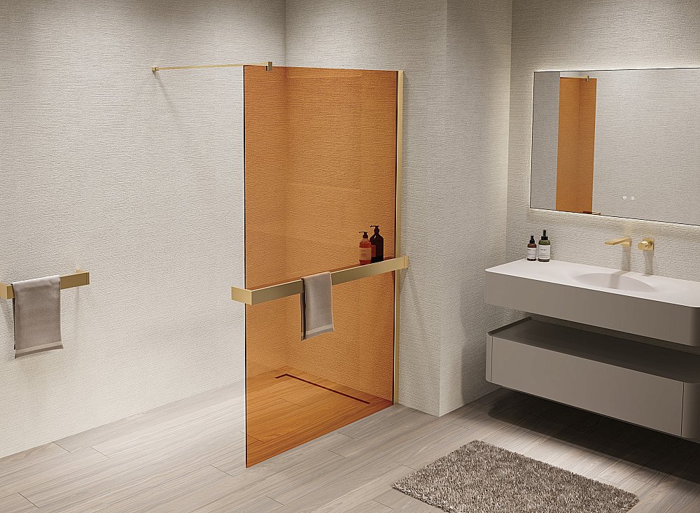 Душевая перегородка Vincea Walk-In VSW-1HR900GSG 90x200 профиль матовый золотой/стекло янтарь купить в интернет-магазине Sanbest