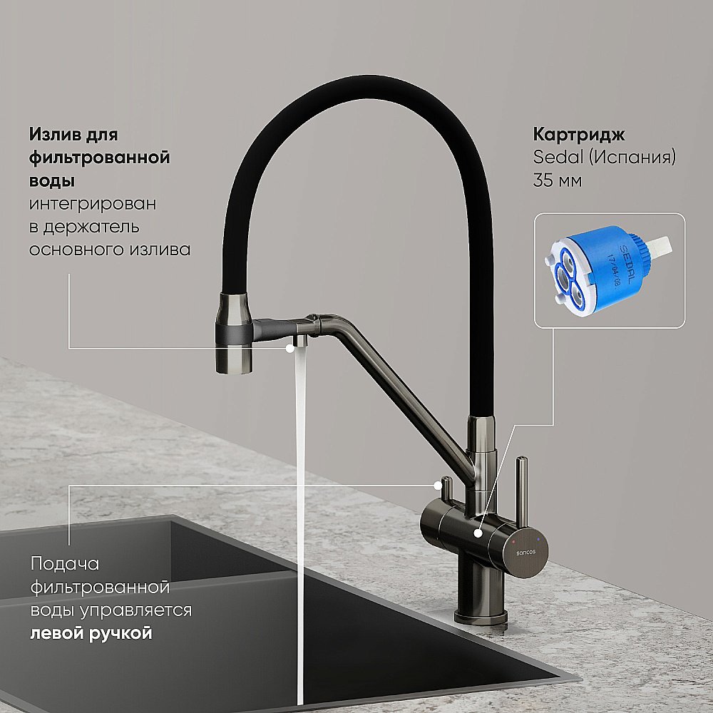 Смеситель для кухни Sancos Dora SC4003GG вороненая сталь купить в интернет-магазине сантехники Sanbest