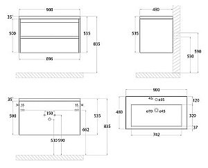 Тумба с раковиной Art&Max Family-M 90 подвесная, угольный камень для ванной в интернет-магазине Sanbest