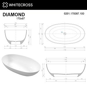Ванна из искусственного камня WhiteCross DIAMOND 170x87 белая глянцевая купить в интернет-магазине Sanbest