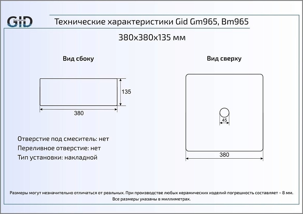 Раковина накладная Gid Gm965 Серый матовый купить в интернет-магазине Sanbest