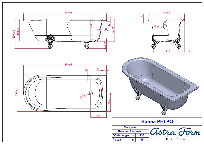 Ванна Astra-Form Ретро 170х75 купить в интернет-магазине Sanbest