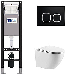 Унитаз подвесной WeltWasser AMBERG 350+MERZBACH 043 XL GL-WT+AMBERG RD-BL белый/кнопка черная матовая, безободковый, с крышкой микролифт, с инсталляцией, слив торнадо купить в интернет-магазине Sanbest