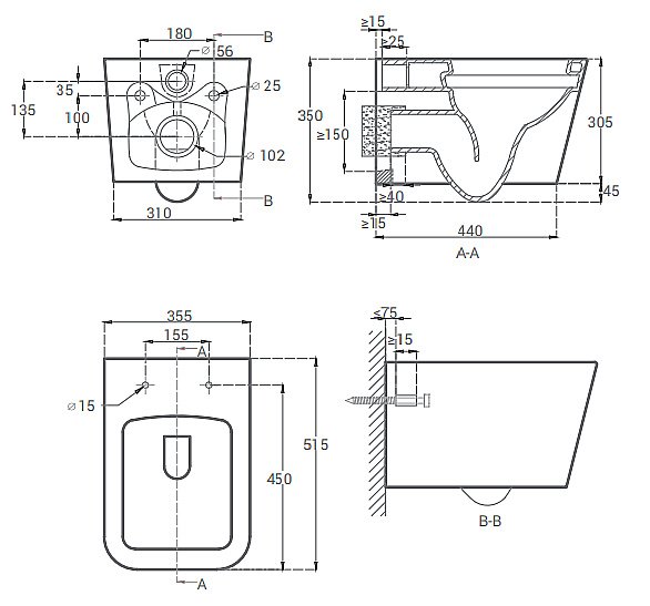 Унитаз подвесной Hansmann keramik KVADRO УНИ0003 безободковый, с крышкой микролифт купить в интернет-магазине Sanbest
